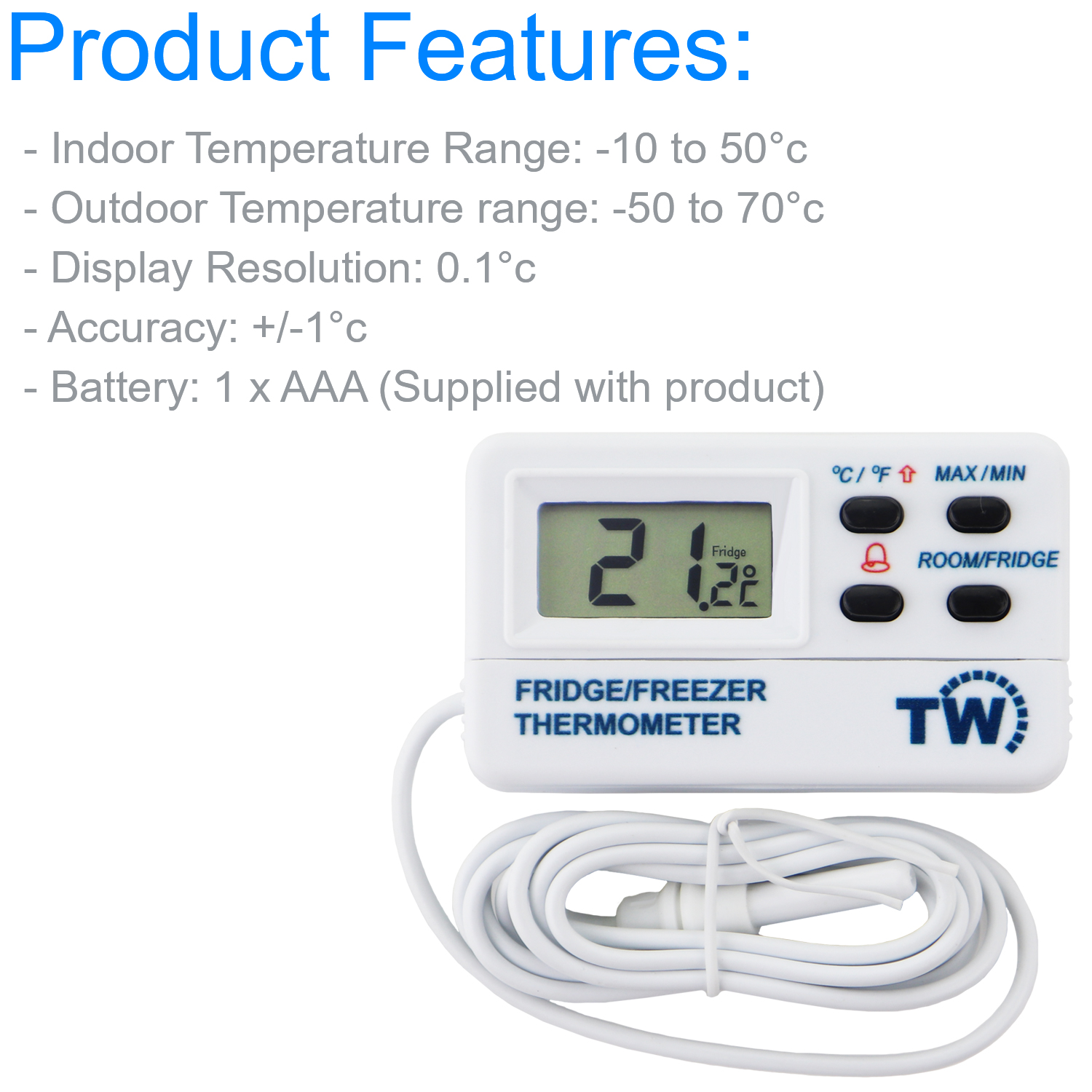 Thermometer World Fridge Thermometer or Freezer Thermometer Digital With  Warning Alarm and Max Min Feature 1.2m Cable