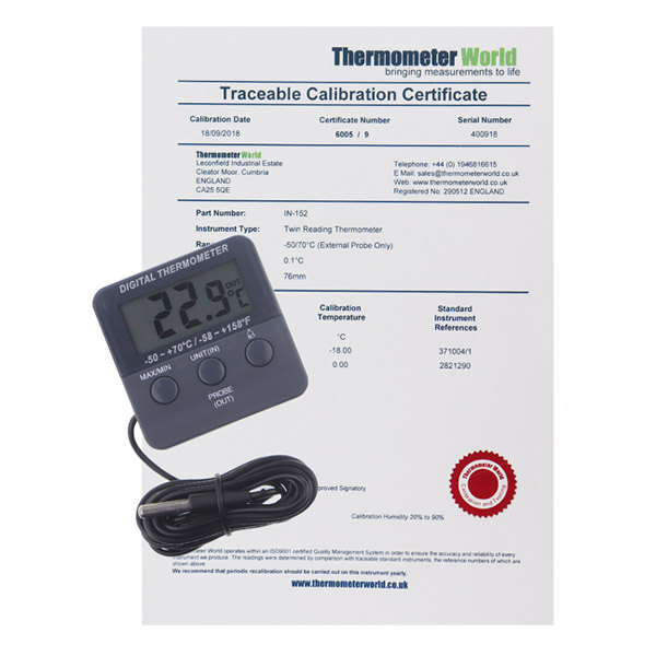 Digital Fridge Freezer Thermometer with 2 Point Calibration Certificate by Thermometer World
