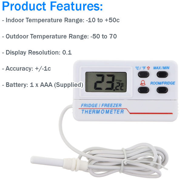 Thermometer World Fridge Thermometer or Freezer Thermometer Digital With  Warning Alarm and Max Min Feature 1.2m Cable